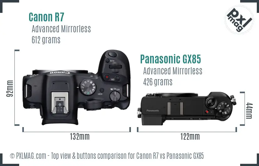 Canon R7 vs Panasonic GX85 top view buttons comparison