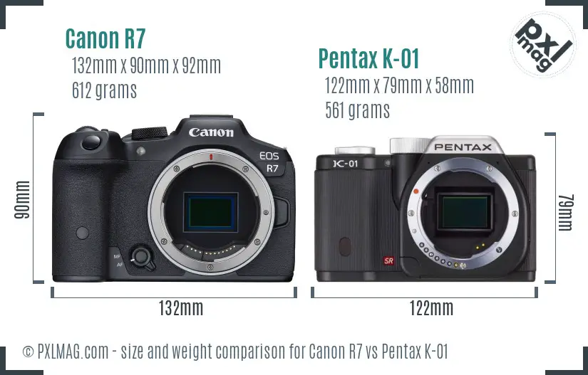 Canon R7 vs Pentax K-01 size comparison