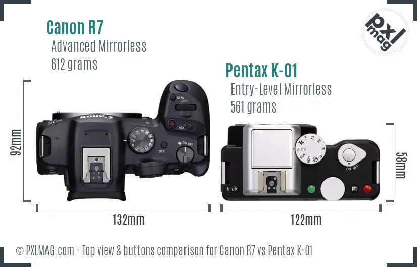 Canon R7 vs Pentax K-01 top view buttons comparison