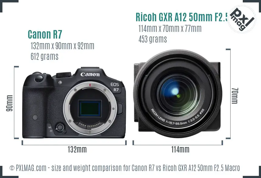 Canon R7 vs Ricoh GXR A12 50mm F2.5 Macro size comparison