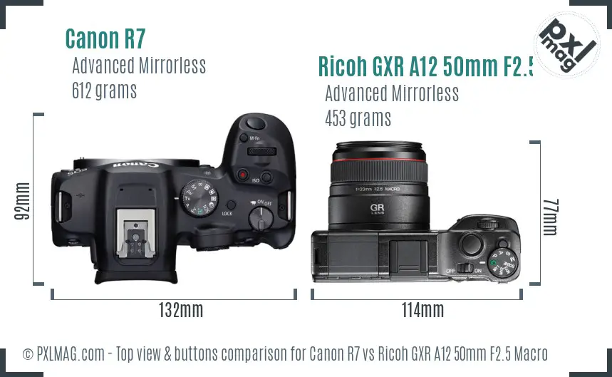 Canon R7 vs Ricoh GXR A12 50mm F2.5 Macro top view buttons comparison