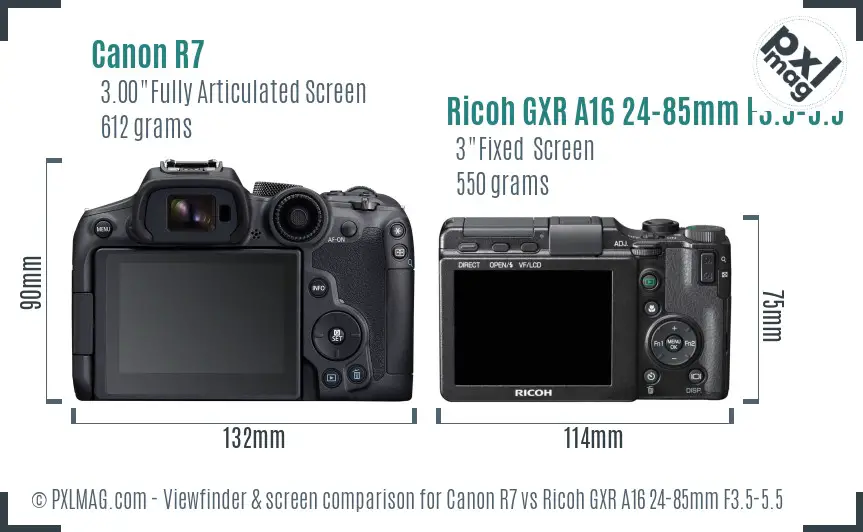 Canon R7 vs Ricoh GXR A16 24-85mm F3.5-5.5 Screen and Viewfinder comparison