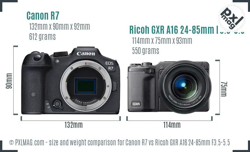 Canon R7 vs Ricoh GXR A16 24-85mm F3.5-5.5 size comparison