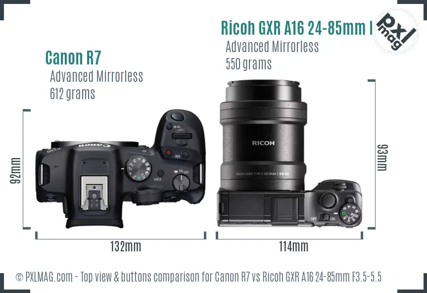 Canon R7 vs Ricoh GXR A16 24-85mm F3.5-5.5 top view buttons comparison