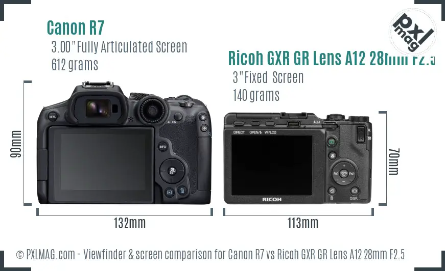 Canon R7 vs Ricoh GXR GR Lens A12 28mm F2.5 Screen and Viewfinder comparison