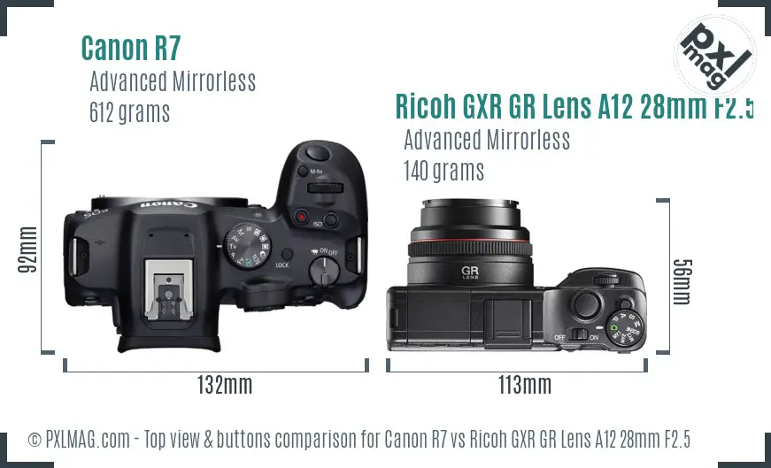 Canon R7 vs Ricoh GXR GR Lens A12 28mm F2.5 top view buttons comparison