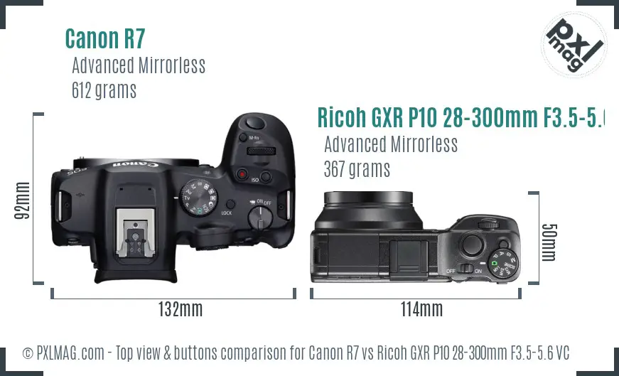 Canon R7 vs Ricoh GXR P10 28-300mm F3.5-5.6 VC top view buttons comparison