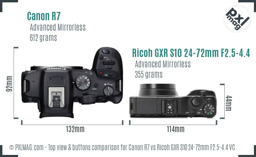 Canon R7 vs Ricoh GXR S10 24-72mm F2.5-4.4 VC top view buttons comparison