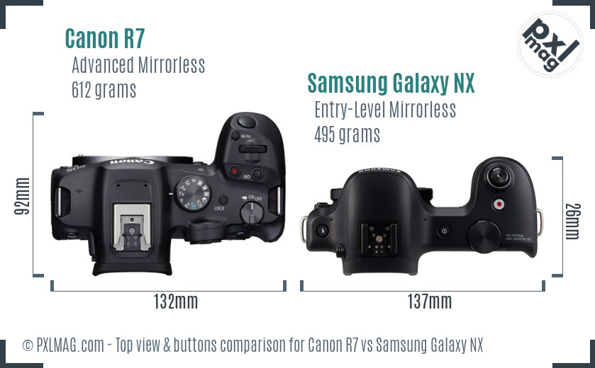 Canon R7 vs Samsung Galaxy NX top view buttons comparison