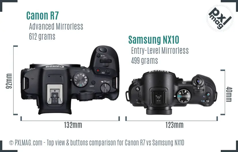 Canon R7 vs Samsung NX10 top view buttons comparison