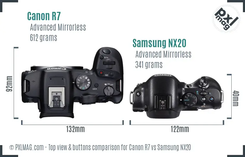 Canon R7 vs Samsung NX20 top view buttons comparison