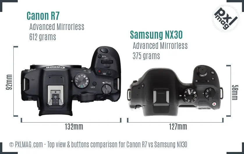 Canon R7 vs Samsung NX30 top view buttons comparison