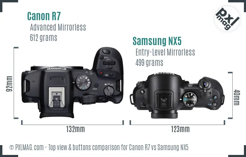 Canon R7 vs Samsung NX5 top view buttons comparison