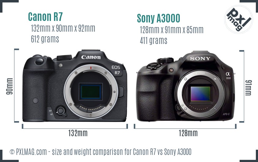 Canon R7 vs Sony A3000 size comparison