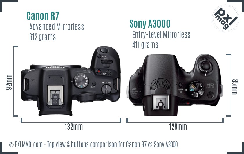 Canon R7 vs Sony A3000 top view buttons comparison