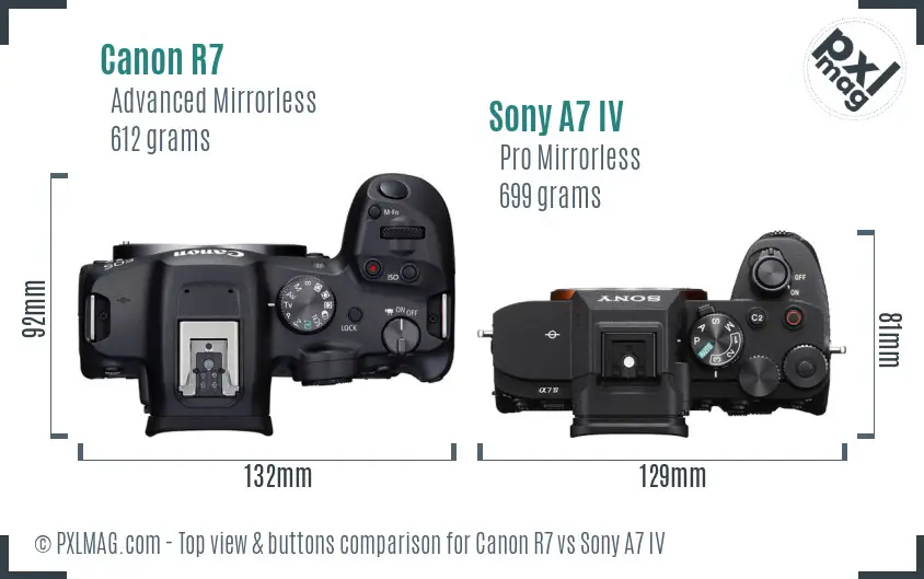 Canon R7 vs Sony A7 IV top view buttons comparison