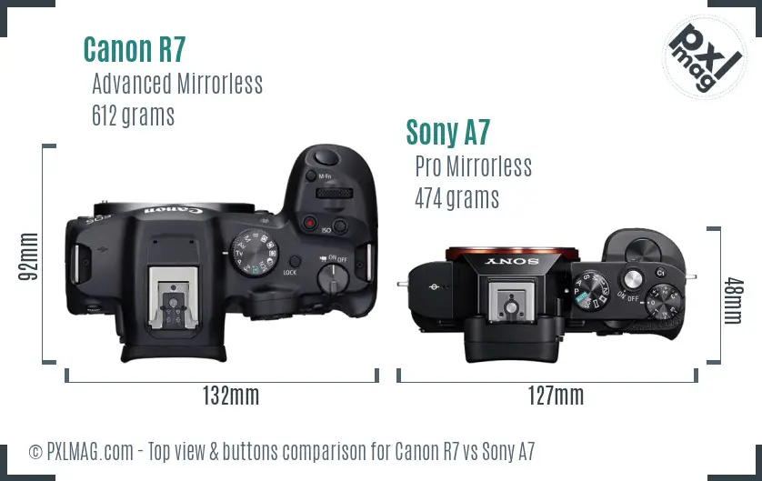 Canon R7 vs Sony A7 top view buttons comparison