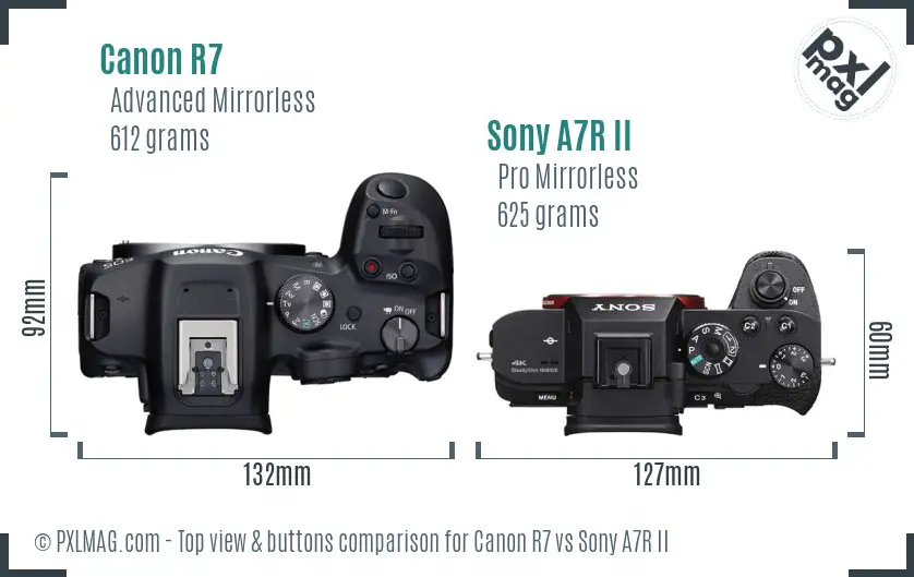 Canon R7 vs Sony A7R II top view buttons comparison
