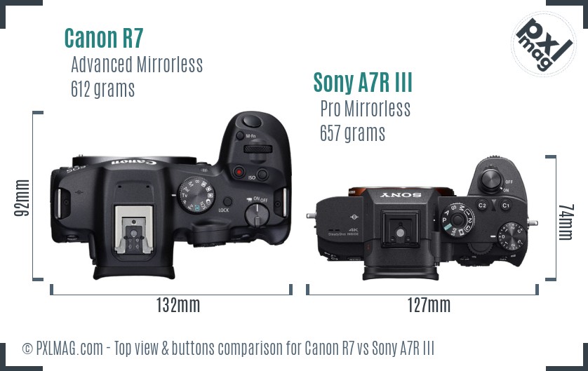 Canon R7 vs Sony A7R III top view buttons comparison