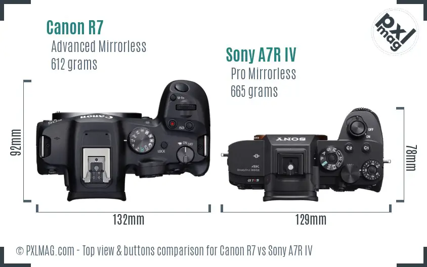 Canon R7 vs Sony A7R IV top view buttons comparison