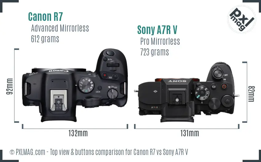 Canon R7 vs Sony A7R V top view buttons comparison Canon R7 vs Sony A7R V top view buttons comparison