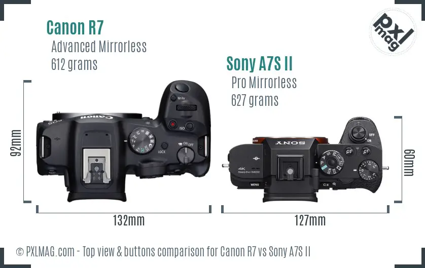 Canon R7 vs Sony A7S II top view buttons comparison