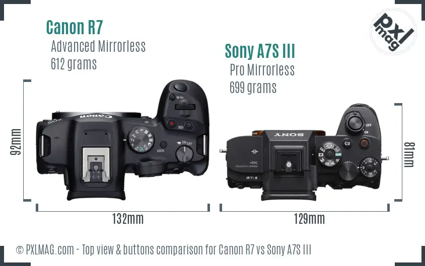 Canon R7 vs Sony A7S III top view buttons comparison