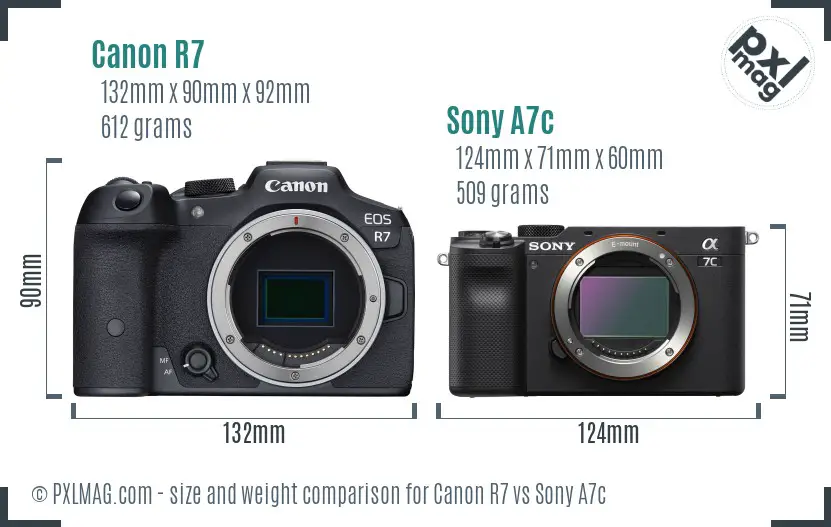 Canon R7 vs Sony A7c size comparison