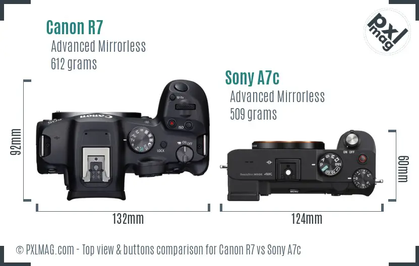 Canon R7 vs Sony A7c top view buttons comparison
