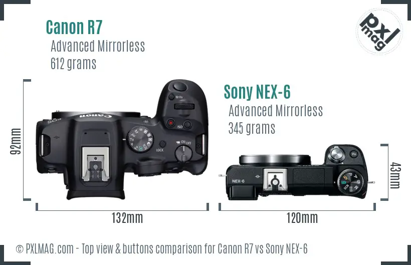 Canon R7 vs Sony NEX-6 top view buttons comparison
