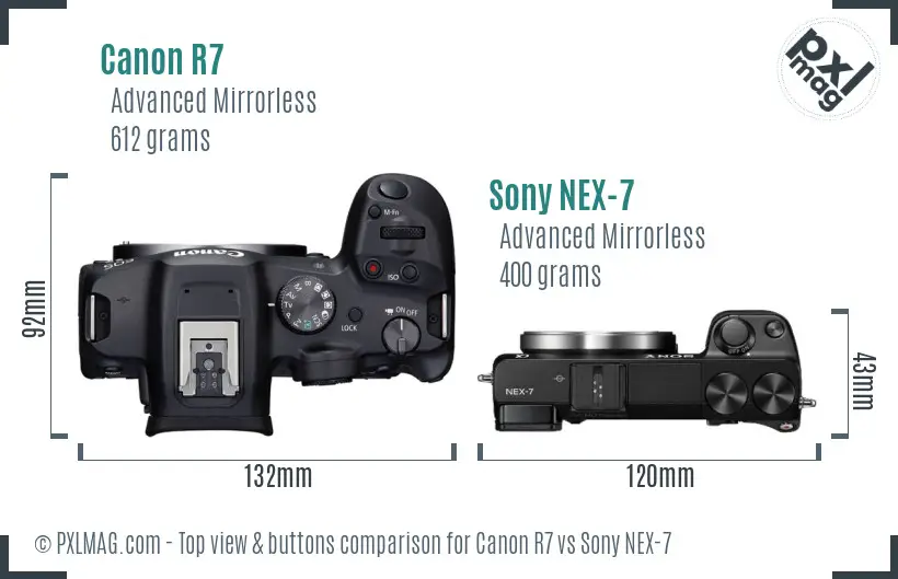 Canon R7 vs Sony NEX-7 top view buttons comparison
