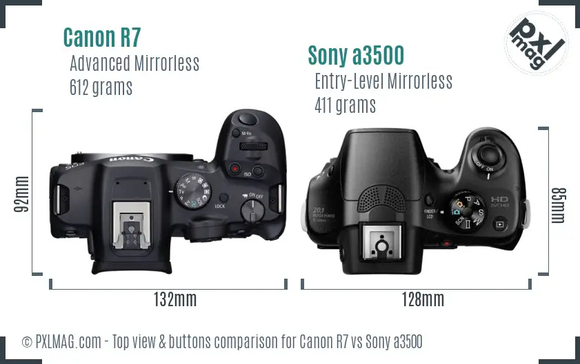 Canon R7 vs Sony a3500 top view buttons comparison Canon R7 vs Sony a3500 top view buttons comparison