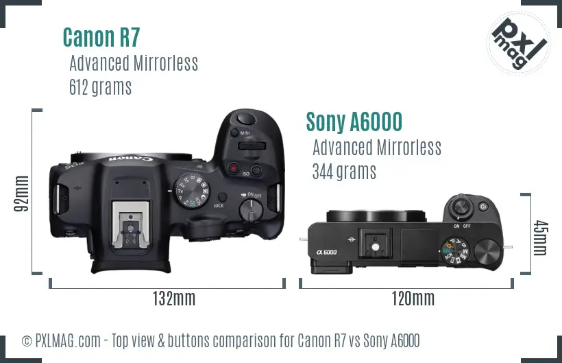 Canon R7 vs Sony A6000 top view buttons comparison