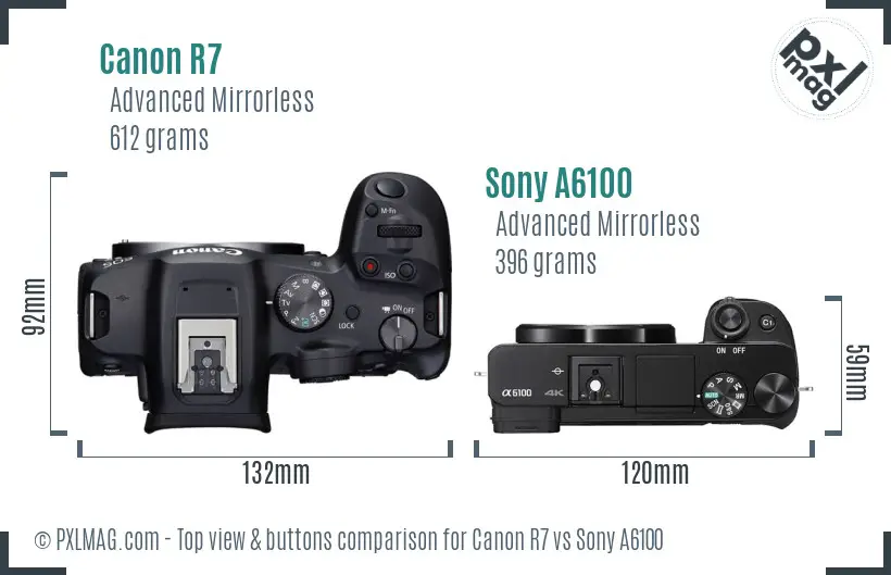 Canon R7 vs Sony A6100 top view buttons comparison