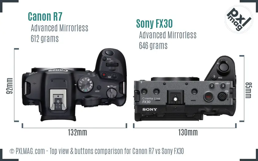 Canon R7 vs Sony FX30 top view buttons comparison
