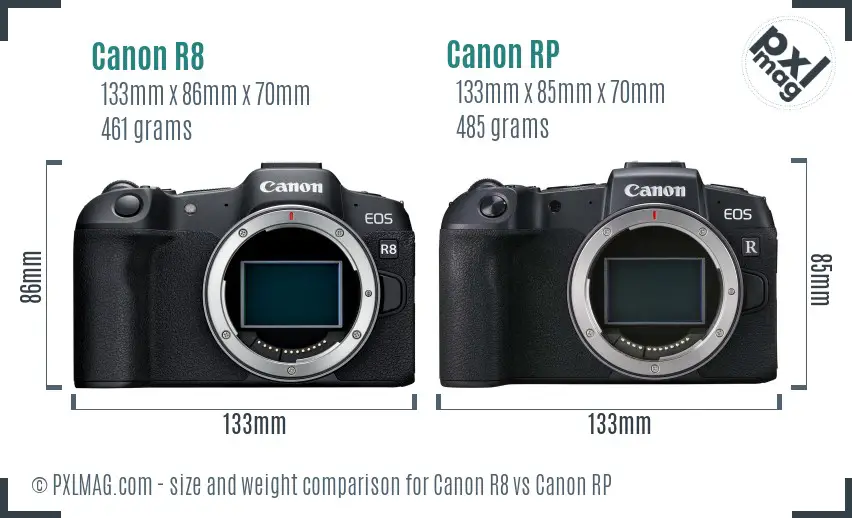 Canon R8 vs Canon RP size comparison