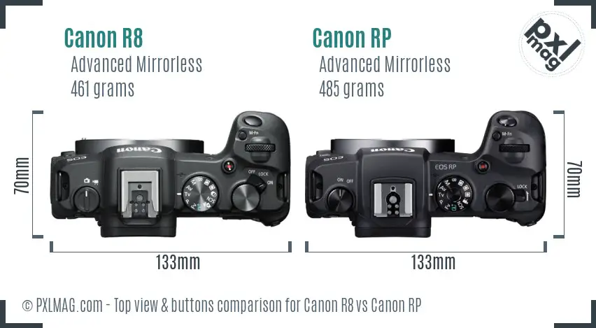 Canon R8 vs Canon RP top view buttons comparison