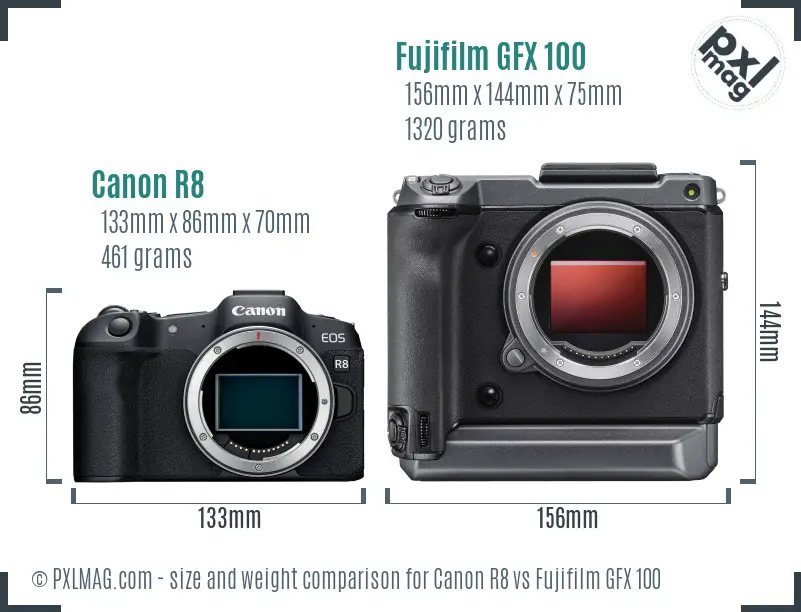 Canon R8 vs Fujifilm GFX 100 size comparison