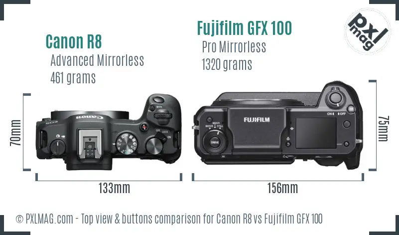 Canon R8 vs Fujifilm GFX 100 top view buttons comparison