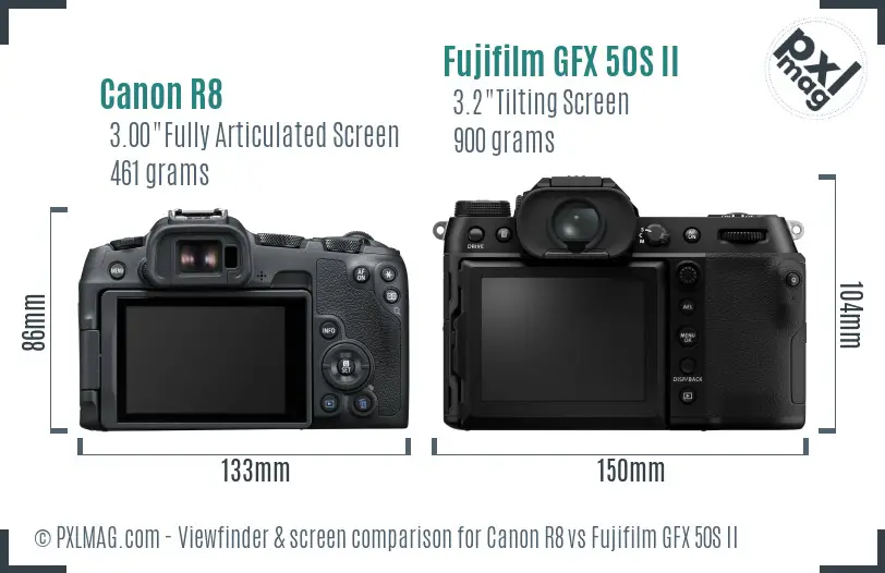 Canon R8 vs Fujifilm GFX 50S II Screen and Viewfinder comparison Canon R8 vs Fujifilm GFX 50S II Screen and Viewfinder comparison