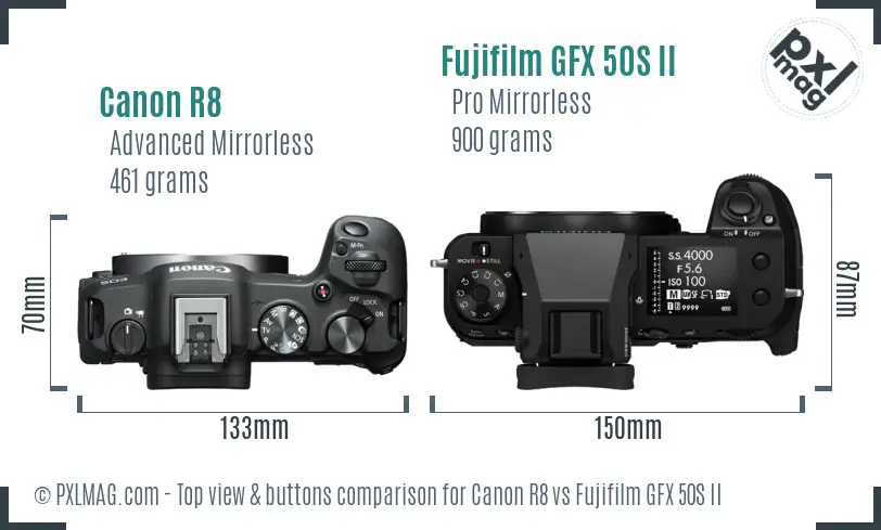Canon R8 vs Fujifilm GFX 50S II top view buttons comparison Canon R8 vs Fujifilm GFX 50S II top view buttons comparison