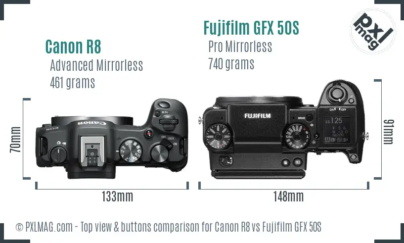 Canon R8 vs Fujifilm GFX 50S top view buttons comparison