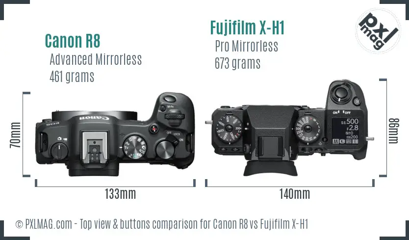 Canon R8 vs Fujifilm X-H1 top view buttons comparison