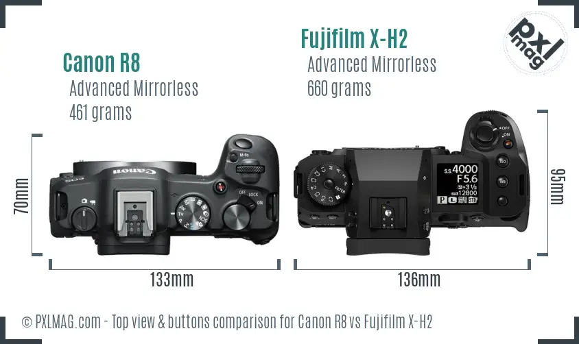 Canon R8 vs Fujifilm X-H2 top view buttons comparison