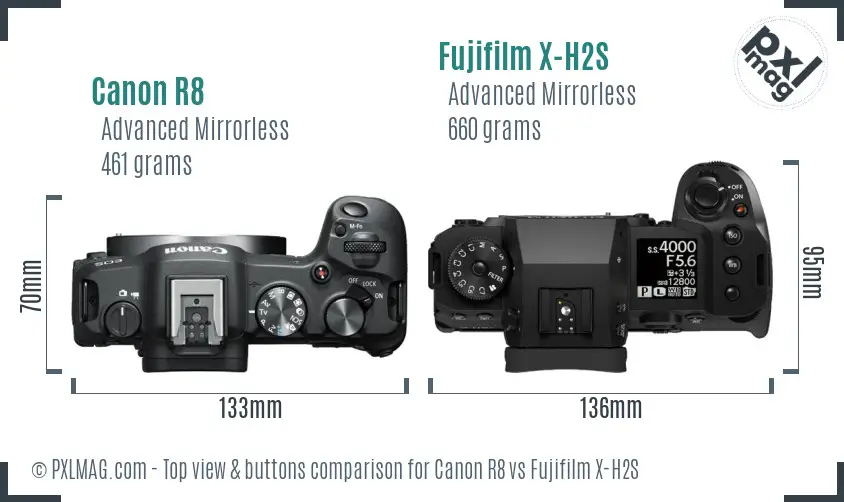 Canon R8 vs Fujifilm X-H2S top view buttons comparison