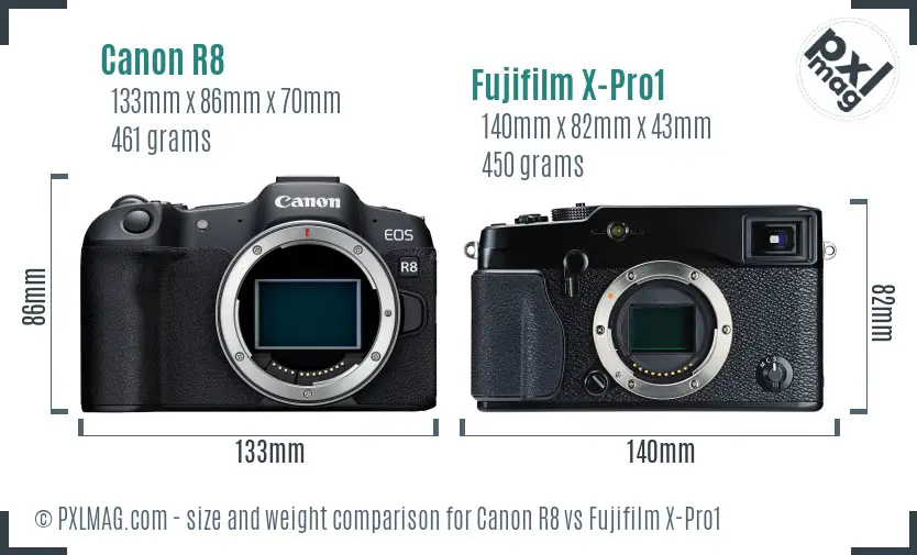 Canon R8 vs Fujifilm X-Pro1 size comparison