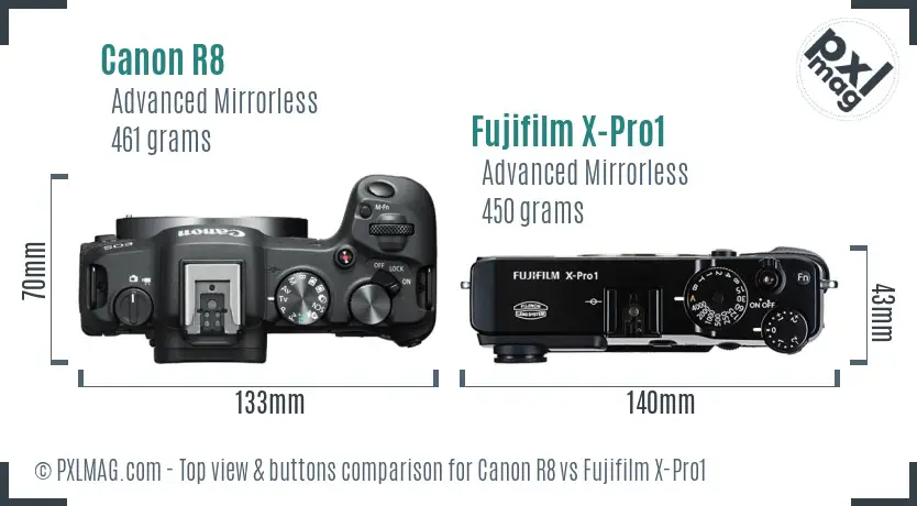 Canon R8 vs Fujifilm X-Pro1 top view buttons comparison