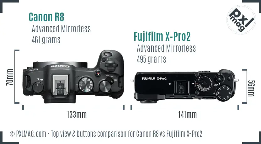 Canon R8 vs Fujifilm X-Pro2 top view buttons comparison
