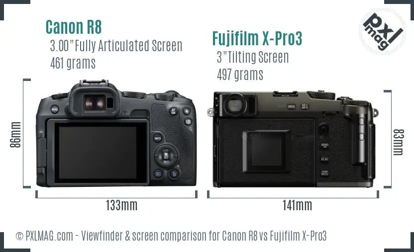 Canon R8 vs Fujifilm X-Pro3 Screen and Viewfinder comparison