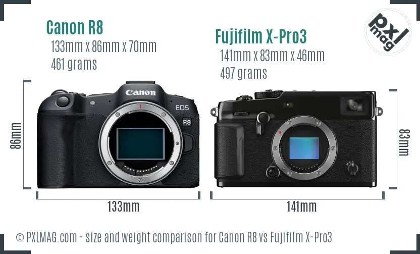 Canon R8 vs Fujifilm X-Pro3 size comparison